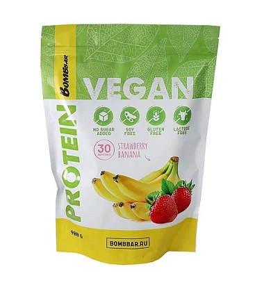 Протеиновый коктейль Клубнично-банановый смузи Vegan Protein Strawberry banana BombBar 900 гр.
