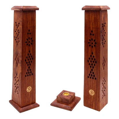 Подставка для благовоний на бамбуковой основе и конусов Ом ("башня" из дерева Шишам) 7х7х30см