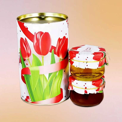 Подарочный Набор "Тубус 8 Марта С праздником весны и красоты Тюльпаны липовый и дягилевый мёд"