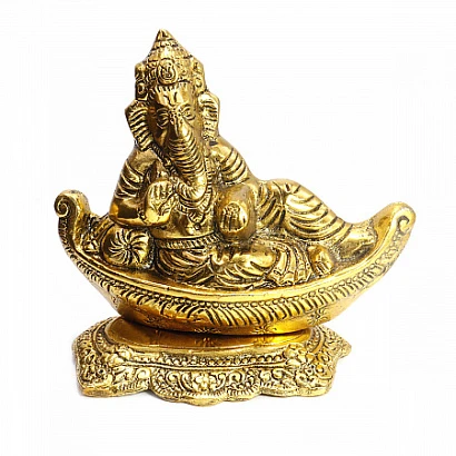 Ганеш в золотой лодке силумин Gold  символ защиты и процветания через мудрость 14,5см-16см