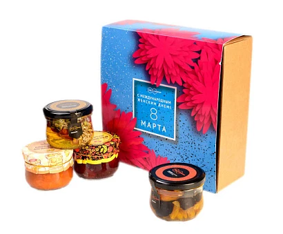Подарочный набор "С 8 марта Астры" ореховое ассорти в меду, земляничный и абрикосовый конфитюр