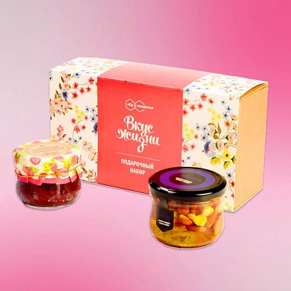 Подарочный набор "Вкус Жизни" конфитюр малиновый, ассорти: миндаль, кешью, фундук в меду