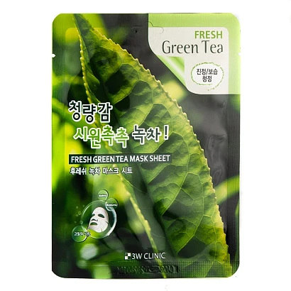 3W CLINIC Fresh Green Tea Mask Sheet Увлажняющая тканевая маска с экстрактом зеленого чая 23 мл