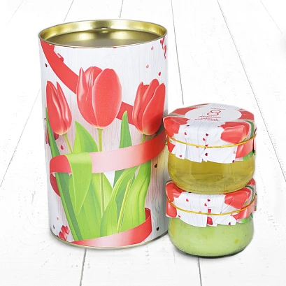 Подарочный Набор "Тубус 8 Марта С праздником весны и красоты Тюльпаны с киви и акациевый мёд"