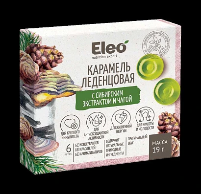 Карамель леденцовая Eleo с сибирским экстрактом и чагой, 19 гр. (6 шт. блистер) 